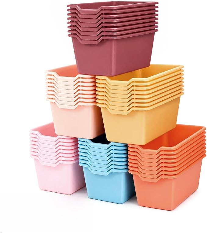 Funrous 48 Pack Plastic Cubby Bins for Classroom, Stackable Storage Bins with Rainbow Labels and Handles Cubby Organizer Containers for Teacher Supplies Home Office Daycare and Playroom (Orange) by Funrous