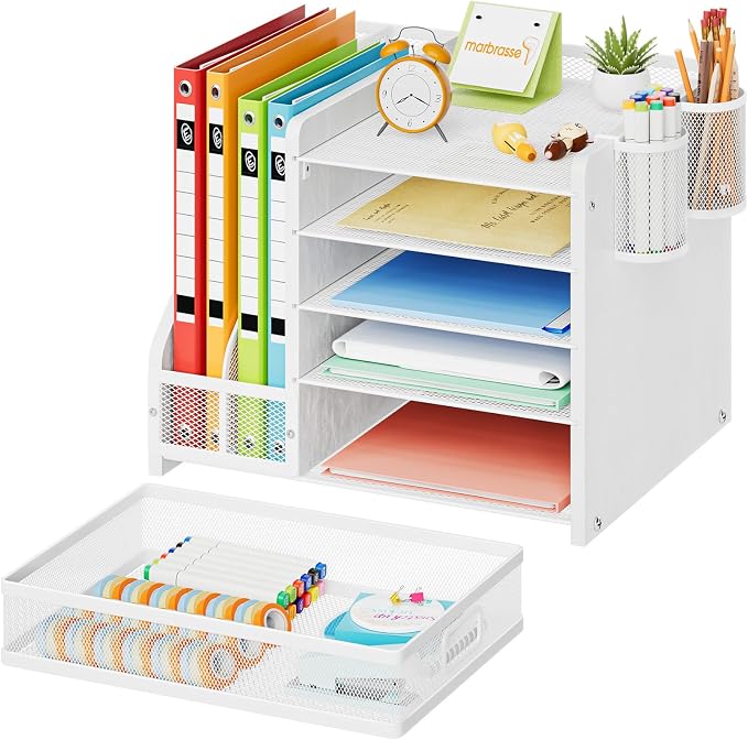 Marbrasse Desk Organizer with File Holder, 5-Tier Paper Letter Tray Organizer with Drawer and 2 Pen Holder, Mesh Desktop Organizer and Storage with Magazine Holder for Office Supplies (Wood-White) - Image 2