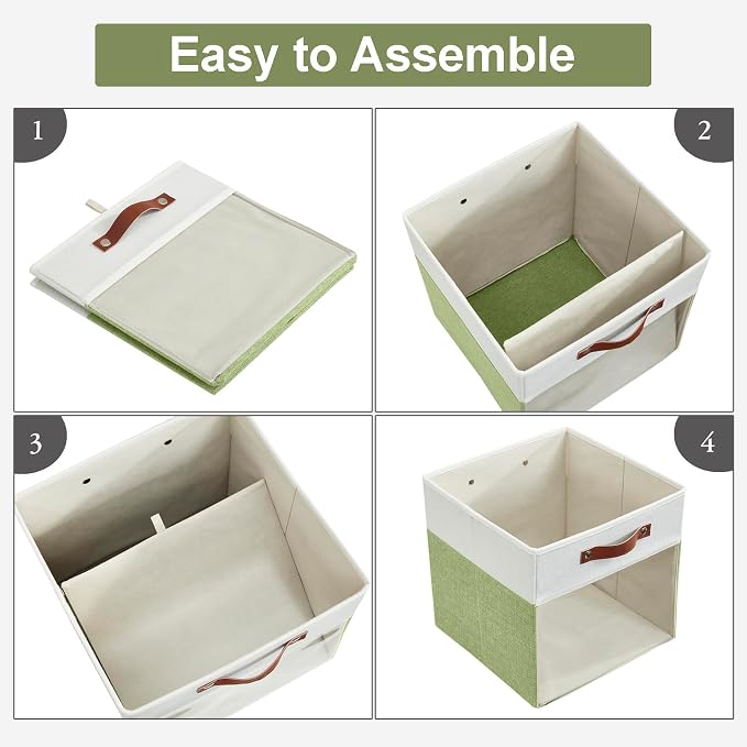 Storage Cubes, 4 Pack Linen Foldable Storage Bins with Clear Window and 2 Handles, 13x15x13 for Shelf Closet, Kallax, Clothes, Books - Green/Off-White - Image 6