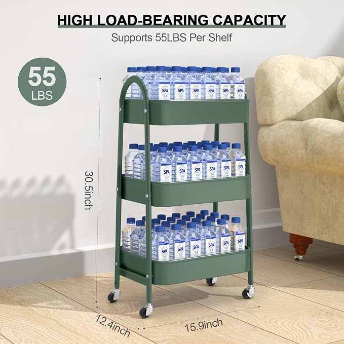 3 Tier Utility Rolling Cart, Metal Storage Cart with Handle and Lockable Wheels, Multifunctional Storage Organizer Trolley with Mesh Baskets for Kitchen, Living Room, Office, Garage (Jungle) - Image 6