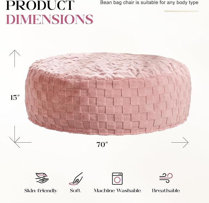 Hobestluk Giant Bean Bag Chairs 6FT Oversized BeanBag Chair for Adult Jumbo | Memory Foam,Washable Cover,Unique Fluffy Plaid,Comfy Bean Bag Bed with Filler Gaming Reading Bedroom Living Room | Pink 6FT - Image 2