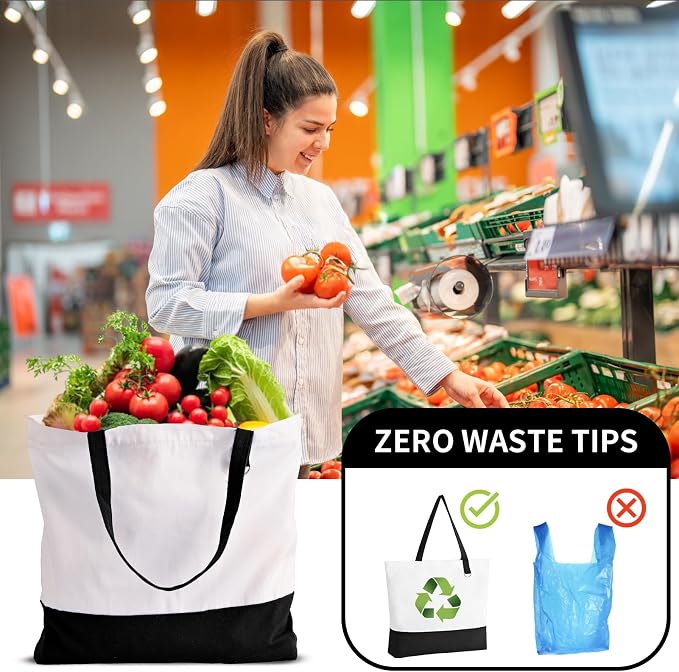 1 Pack Canvas Tote Bag with Zipper, Large Reusable Grocery Tote, Black | Blank bag, washable, inner pocket, flat bottom, sturdy handle, for sublimation DIY/transfer, travel/beach/Christmas crafts - Image 7