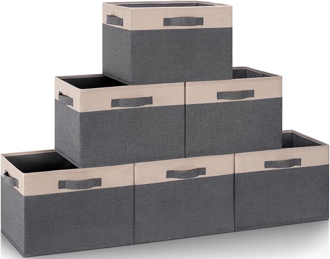 GhvyenntteS Large Fabric Storage Bins for Shelves with 3 Handles, 15x11x9.6in Closet Storage Bins, Sturdy Foldable Storage Baskets for Shelves Closet Bedroom Living Room Office (Beige, Set of 6) by GhvyenntteS