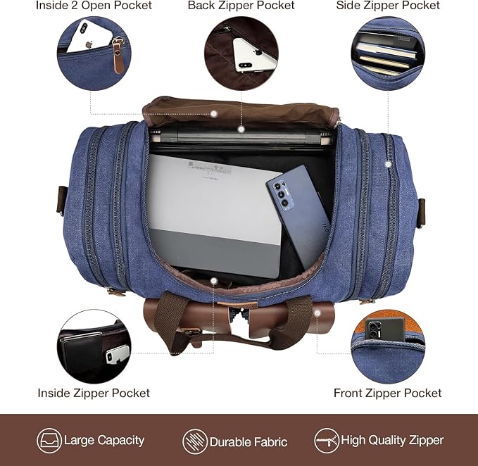 Wildroad Canvas Duffle Bag - 60L Expandable Weekender Overnight Travel Bag | Gifts for Men, Holiday Birthday Gift for Dad, Husband & Partner, Carry-on Size - Image 2