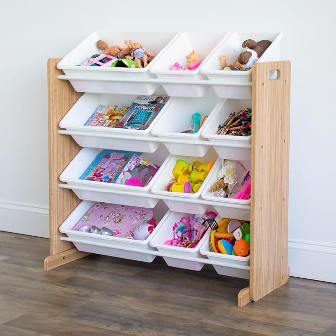 Humble Crew Kids Toy Organizer with 12 Bins, 4 Tier Storage for Playroom | Sturdy wood and steel toddler shelf, removable BPA-free containers, wall anchor anti-tip safety kit for bedroom or classroom - Image 2