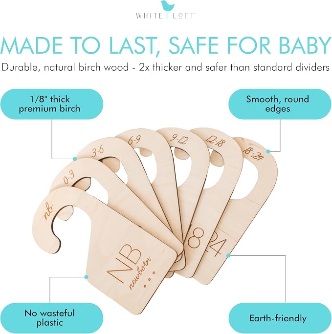White Loft Baby Closet Dividers in Natural Birch Wood - Wooden Nursery Closet Organizer with Etched Labels for Newborn to 24 Months - 7 Piece Gift Set - Image 7
