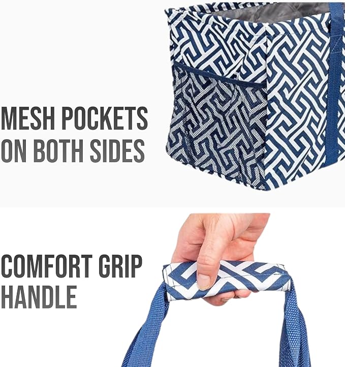 Extra Large Utility Tote Bag - Oversized Collapsible Reusable Wire Frame Rectangular Canvas Basket With Two Exterior Pockets For Beach, Pool, Laundry, Car Trunk, Storage - Geo Navy Blue - Image 8