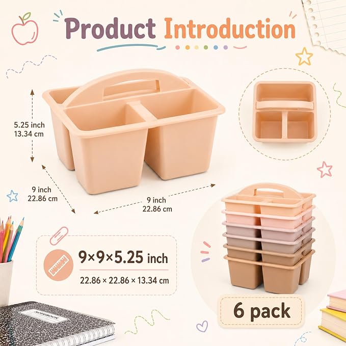 6 Pack 3 Compartment Small Caddy Plastic Classroom Organizer with Handle Portable Teacher Supply Storage Caddy Craft Art Caddies for Pencil, Crayon, Marker, Home, Office, School Supplies(Boho Pastel) - Image 2