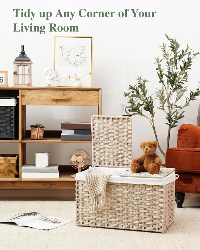 SETVSON Storage Basket with Lid, PE Rattan Storage Bin Light Khaki | Decorative PE Rattan Furniture Look for Bedroom, 2 Separate Lids, 2 Liners with Divider for Apparel & Essentials - Image 7