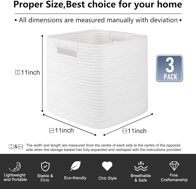 OIAHOMY Storage Cubes 11 Inch - 3 Pack, Cotton Rope Woven Baskets for Organizing, Square Storage Baskets for Shelves Organizer, Classroom, Kids Toy Bins, Closet, Baby Nursery-White - Image 3