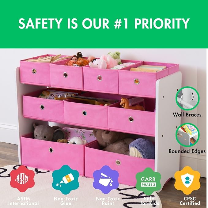Humble Crew Kids Toy Organizer with 9 Fabric Bins, 3 Tier Storage Shelf | Sturdy wood and steel toddler frame, collapsible containers, wall anchor anti-tip safety kit for playroom, bedroom, classroom - Image 4
