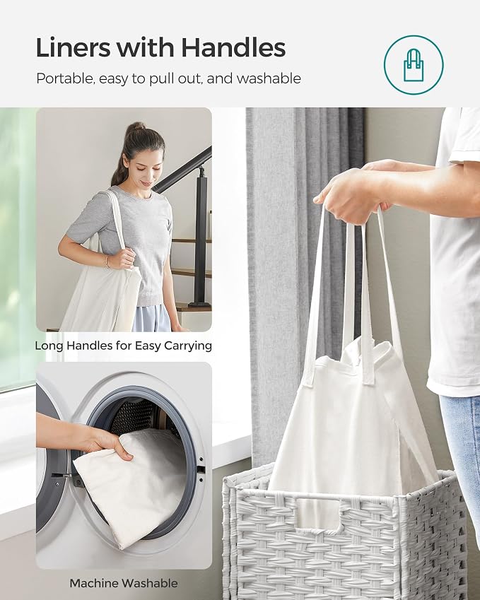 SONGMICS Laundry Hamper with Lid, 17.2 Gallon (65 L) Synthetic Rattan Clothes Laundry Basket with Lid and Handles, Foldable, Removable Liner, Cloud White ULCB165W01 | Clothes Laundry Basket with Handles, Removable Liner, Cloud White, ELIOTT Collection ... - Image 6