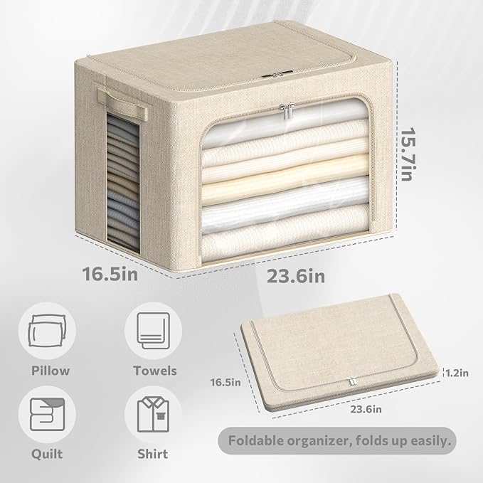 CYhom 4 Pack Clothes Storage Bins with Metal Frame - Linen Fabric Foldable Stackable Container Organizer Set with Clear Window & Carry Handles & Zippers (Beige, 23.6"x16.5"x15.7") - Image 6