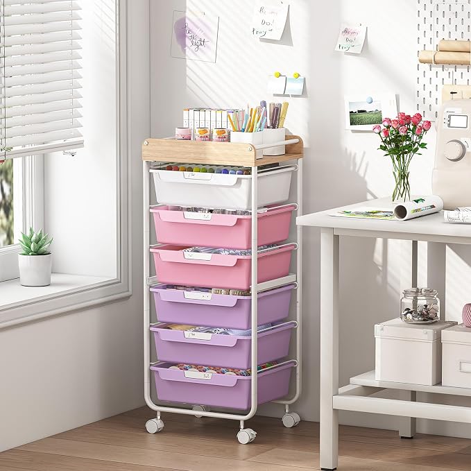 SYKIARIOL Rolling Cart with 6 Drawers,Craft Organizer and Storage,Purple | Utility Storage Cart with Drawers,Art Cart,Makeup Organizer With Wooden Tabletop - Image 4