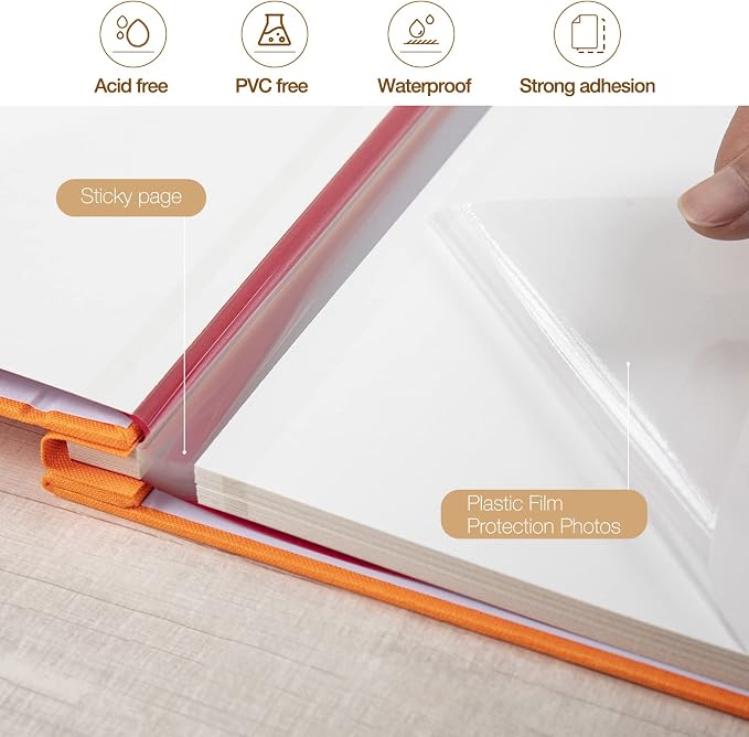 Large Photo Album Self Adhesive 3x5 4x6 5x7 8x10 10x12 Pictures Linen Cover 80 Blank Pages Magnetic DIY Scrapbook Album with A Metallic Pen (Orange, 13.2x12.8 inch 80 Pages) | Photo Album Self Adhesive 4x6 5x7 8x10 Pictures, Linen Cover DIY Scrapbook A... - Image 4