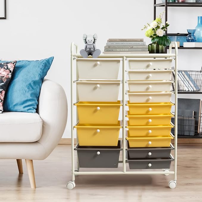 DREAMADE Rolling Cart with 15 Drawers, Lockable Wheels, Removable & 2-Sized Storage, Art Cart for School, Home, Crafts, Scrapbook (Yellow) - Image 9