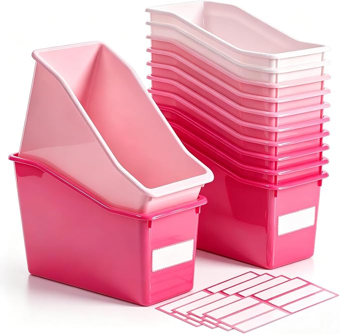 Geetery 12 Pcs Book Bin for Classroom with Labels Stackable Plastic Organizing Bins 11.5 x 5.4 x 7.5 in Book Holders Storage Bins Box Baskets for Classroom Library Home (Pink Color Series) by Geetery