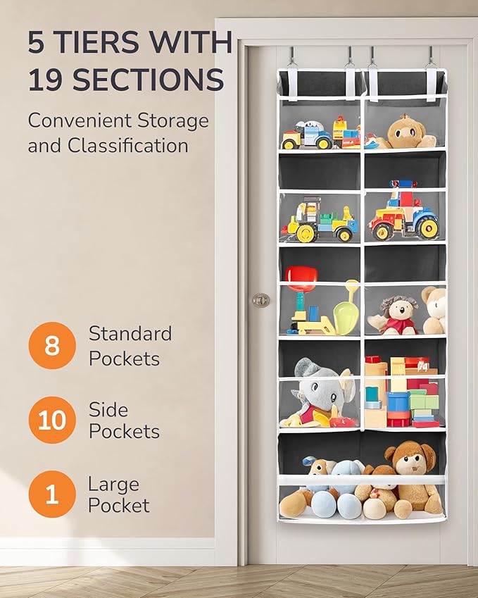 ULG Over the Door Organizer, 5-Tier Extra Large Hanging Storage with 10 Mesh Pockets, 100 lbs Capacity, Heavy Duty Door Organizer for Closet, Bedroom,Grey - Image 3