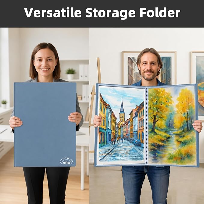 18x24 Blue Art Portfolio Folder Displaying 48 Pages With Plastic Sleeves | 24-Pocket Presentation Book Binder For Artwork Storage Featuring Dark Inner Paper Inserts Protective Document Archival Holder - Image 5