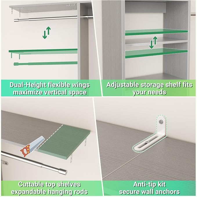 Besiost 4FT Small Closet Organizer System with 4 Hanging Rods & 3 Shelves | 48" Closet System for Small Closets, 80" H Small Closet Organizers and Storage for Bedrooms, Cloakrooms, Gray - Image 5