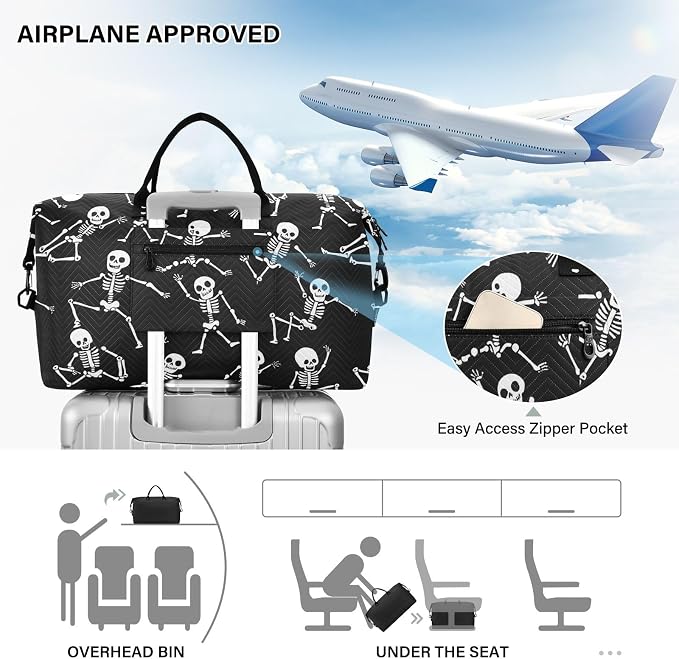 Skull Skeleton on Black Large Travel Duffel Bag Sports Tote Gym Bag Overnight Weekender Bags Carry On Luggage with Toiletry Bags - Image 5