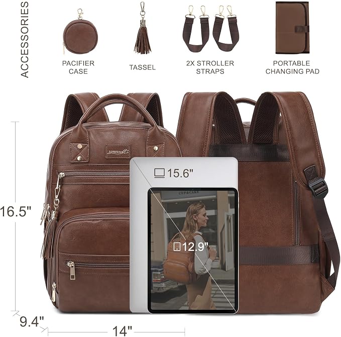 ROSEGIN Premium Vegan Leather Diaper Bag Backpack with Waterproof Changing Pad, Reinforced Zippers & Odor-Free,20 Pockets Pro Organizer, Fits 15.6" Laptop, Stroller Straps, Baby Bag for Mom,Dark Brown - Image 5