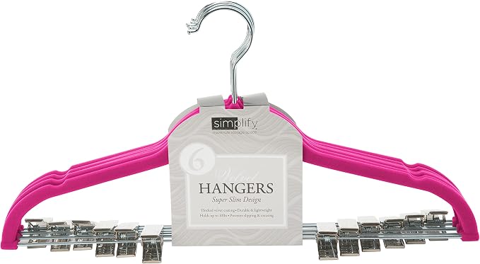 Simplify 6 Pack Slim Velvet Hangers with Skirt or Pant Clips, Space Saver, Prevent Garment Creases, Swivel Neck, Durable, Fuchsia by Simplify