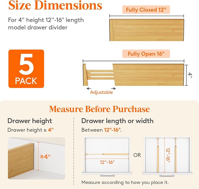 Lifewit 4" High Dresser Drawer Dividers, Adjustable Bamboo Drawer Organizer | 5 Pack 12"-16" Expandable Drawer Separator for Clothes, Utensils, Kitchen, Cabinet, Closet, Nursery Organization & Storage - Image 2