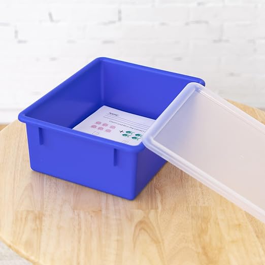 ECR4Kids Letter Size Plastic Tray Organizer with Lids, Large, Storage Bins, Blue, 10-Piece | Durable plastic, GREENGUARD Gold Certified, 1 gallon capacity, stackable/nestable, easy-lift lids, classroom & home use - Image 8