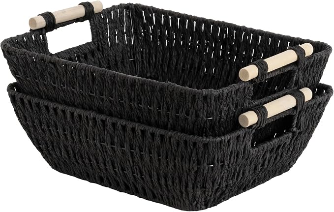 StorageWorks Wicker Baskets, Toilet Paper Baskets for Shelf, Bosana Green | Wicker Storage Baskets for Shelves, Baskets with Wooden Handles, 2-Pack Gifts Basket for Home Decor, Hand-Woven Basket by StorageWorks