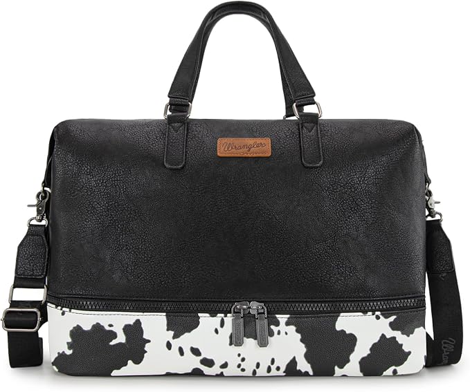 Wrangler Travel Duffel Bag Carry On Overnight Bag with Shoe Compartment Cow Print Weekender Bag for Women WG253-5110COW-BK by THEOFFICIALMONTANAWEST