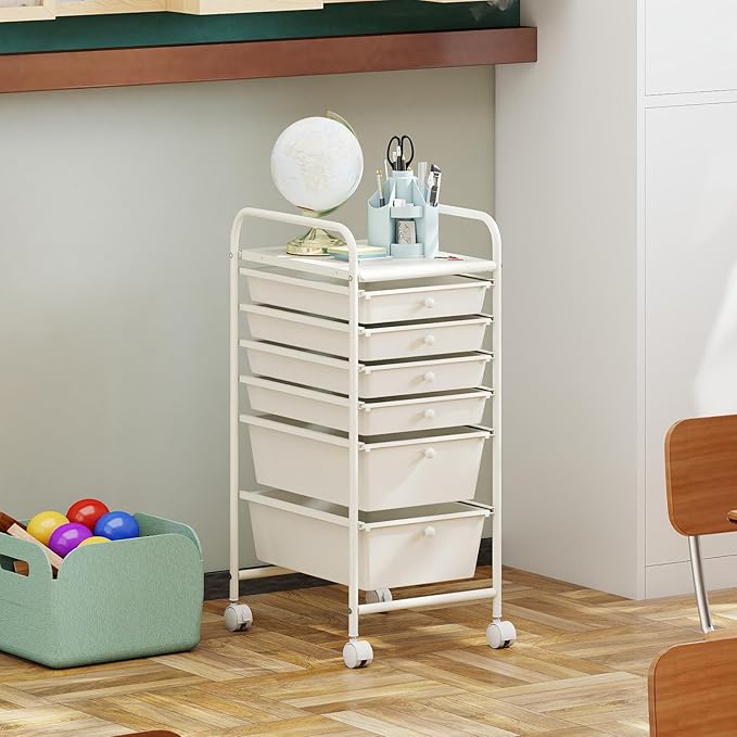 Giantex 6 Storage Drawer Cart Rolling Organizer Cart for Tools Scrapbook Paper Home Office School Multipurpose Mobile Utility Cart (Ivory) - Image 2