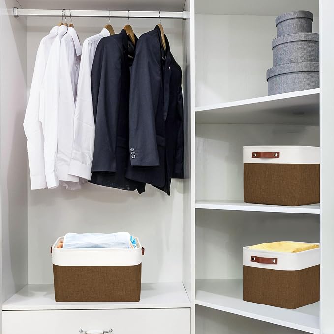 Storage Bins Large Fabric Storage Baskets for Shelves 3 Pack, Decorative Linen Closet Baskets with Handles for Organizing, Shelf, Clothes, Home, Office, 15x11x9.5Inches (Brown&White) - Image 2