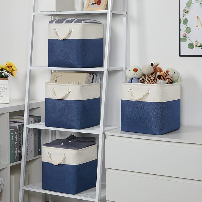 Temary Fabric Storage Cubes 11x11 Cube Storage Bins 4Pack Blue Basket for Organizing Home, Closet, Empty Gift Baskets with Handles (White&Blue) - Image 4