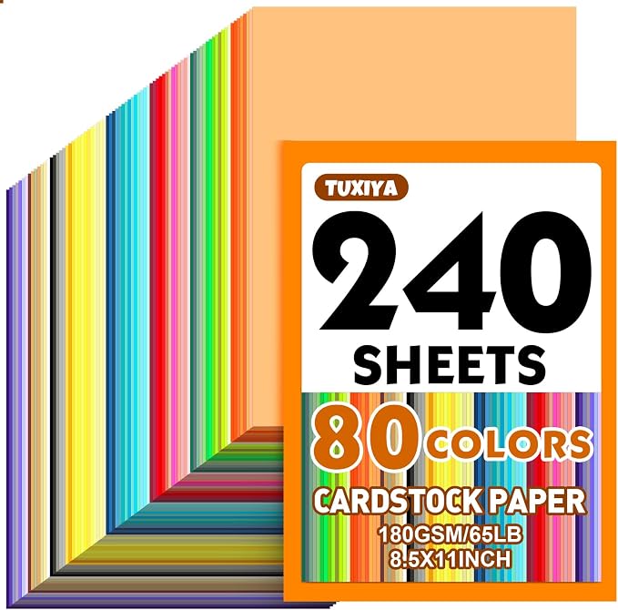 TUXIYA 240 Sheets 8.5" X 11" Colored Cardstock, 80 Colors Card Stock | 180GSM/65LB 80 Assorted Colors Construction Paper Printer Paper for Printing, Card Making, DIY Crafts, School Supplies,Party by Unknown