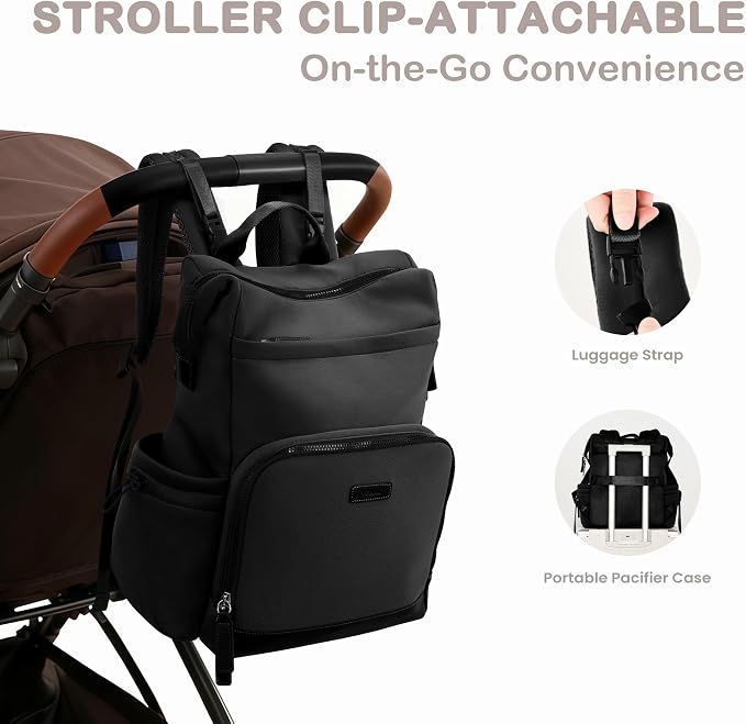 VONAL Neoprene Diaper Bag Backpack with Changing Pad, 33L Large Capacity Neoprene Backpack Baby Diaper Bag with Insulated Pockets, Travel Diaper Backpack Baby with 12 Pockets for Mom & Dad, Black - Image 6