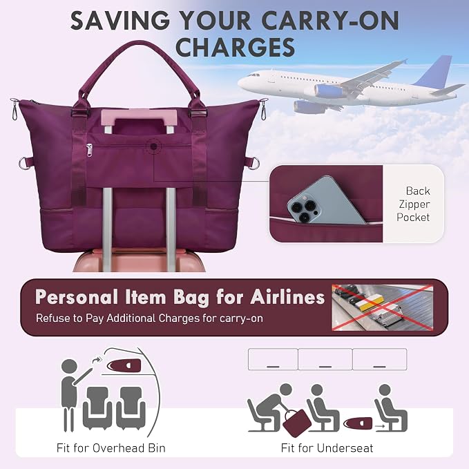 WOOMADA Weekender Overnight Bag for Women, Shoulder Travel Duffel with Shoes Compartment,Gym Bag with Toiletry Bag - Image 6