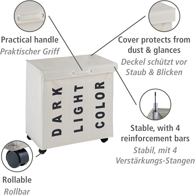 WENKO Trivo Laundry Sorter with 3 Sections (Dark, Light, Color), Laundry Basket on Wheels with Handle, Laundry Hamper with Lid, Beige, 30.6 gal, 22 x 23.6 x 13.8 in - Image 2