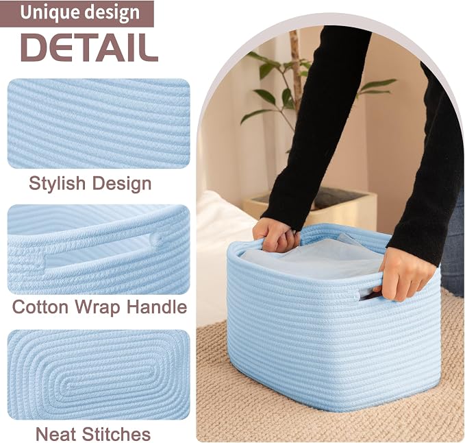 OIAHOMY 4 Pack Storage Baskets for Organizing 15L Storage Bins Light Blue | Woven Baskets for Storage Rectangle Small Baskets With Handles Baskets for Shelves Wicker Baskets for Shelves 12.7x9x7.8inch - Image 3