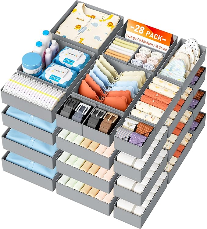 DIMJ Drawer Organizer Clothes Storage - 28 Pack Baby Dresser Organizer for Nursery, Foldable Closet Drawer Organizer Bins for Bedroom Organization, Fabric Storage Dividers for Socks, Underwears, Bras by DiMJ