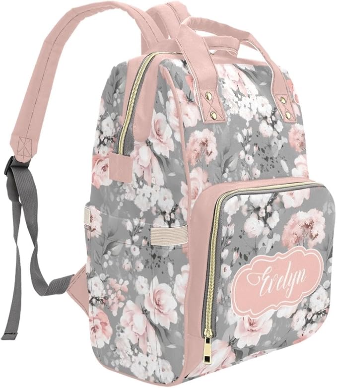 Personalized Floral Pink Diaper Bag Backpack with Name – Waterproof Custom Baby Nappy Bag with Large Capacity & Multi Pockets – Shower Gift for Baby for New Parents - Image 3