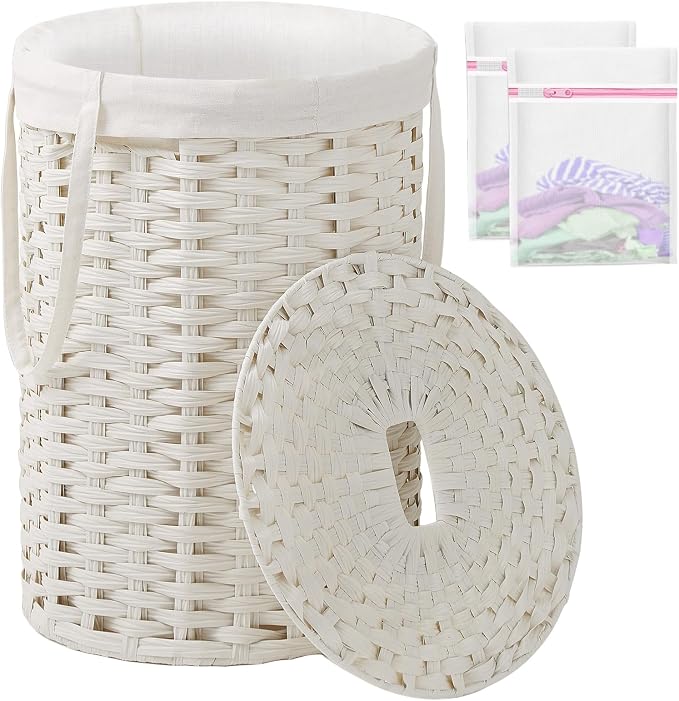 SETVSON Laundry Hamper with Lid Laundry Basket with Lid 72L, White | 19 Gal Round PE Rattan Hamper with Lid, Removable Washable Liner Bag, 2 Mesh Wash Bags, Steel Frame, Handles by SETVSON