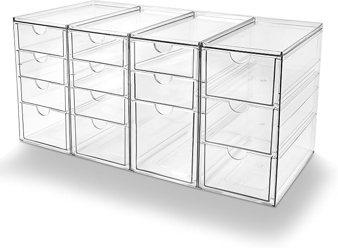 Prsildan Acrylic Desk Organizers with 14 Drawers, Stackable Makeup Storage | Anti-slip Clear Storage Bins, Vanity Organizer for Craft Bead Crayon Nail, Bathroom Kitchen Office Organization, 4 Pack by Prsildan