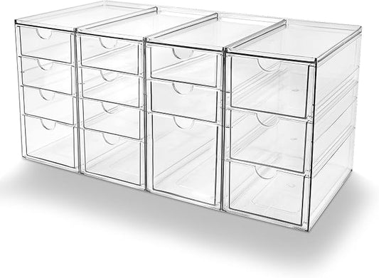 Prsildan Acrylic Desk Organizers with 14 Drawers, Stackable Makeup Storage | Anti-slip Clear Storage Bins, Vanity Organizer for Craft Bead Crayon Nail, Bathroom Kitchen Office Organization, 4 Pack by Prsildan