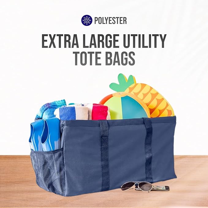 Extra Large Utility Tote Bag - Oversized Collapsible Reusable Wire Frame Rectangular Canvas Basket With Two Exterior Pockets For Beach, Pool, Laundry, Car Trunk, Storage - Navy Blue - Image 8