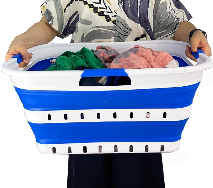 SAMMART 42L (11 gallons) Set of 2 Plastic Foldable Storage Basket/Container - Collapsible, Space Saving and Portable Laundry Hamper, Ideal for Home, Travel, Dorm (2, White/Dark Blue) - Image 5