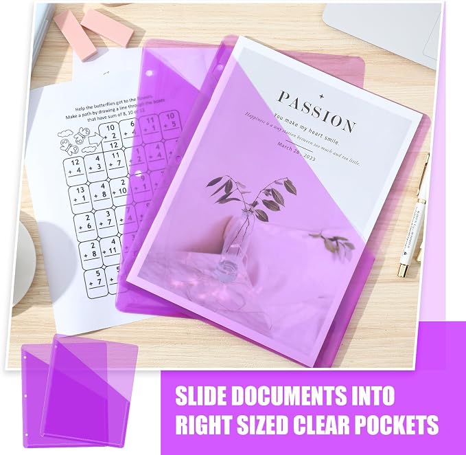 Seajan 100 Pcs Binder Pocket Folders, Clear 3 Ring Binder, Purple | Plastic Folders Sleeves with 2 Pockets, Poly Slash File Jackets, 3 Hole Punched Dividers for School, Office, Documents - Image 4