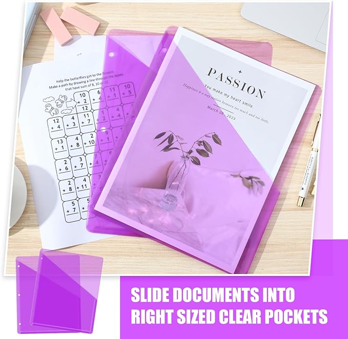 Seajan 48 Pcs Binder Pocket Folders, Clear 3 Ring Binder, Purple | Plastic Folders Sleeves with 2 Pockets, Poly Slash File Jackets, 3 Hole Punched Dividers for School, Office, Documents - Image 4