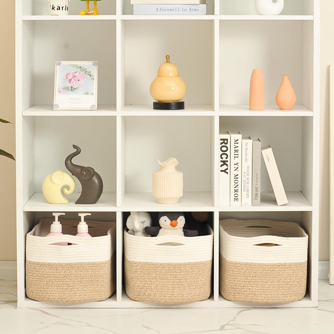 ICERZCZ Large Storage Baskets for Organizing Shelves, Woven Cotton Rope Bins for Baby Nursery Organization, Book Toy Towel Organizer, 17"x13"x9.5", 3 Packs, Off White & Brown - Image 5