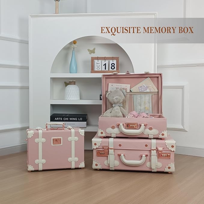 Unitravel Baby Keepsake Case, 16" Handmade Memory Storage Box, Newborn Keepsake Box, Vintage Suitcase for Baby Shower, Baptism, Naming Ceremony or Birthday (Pink) - Image 5